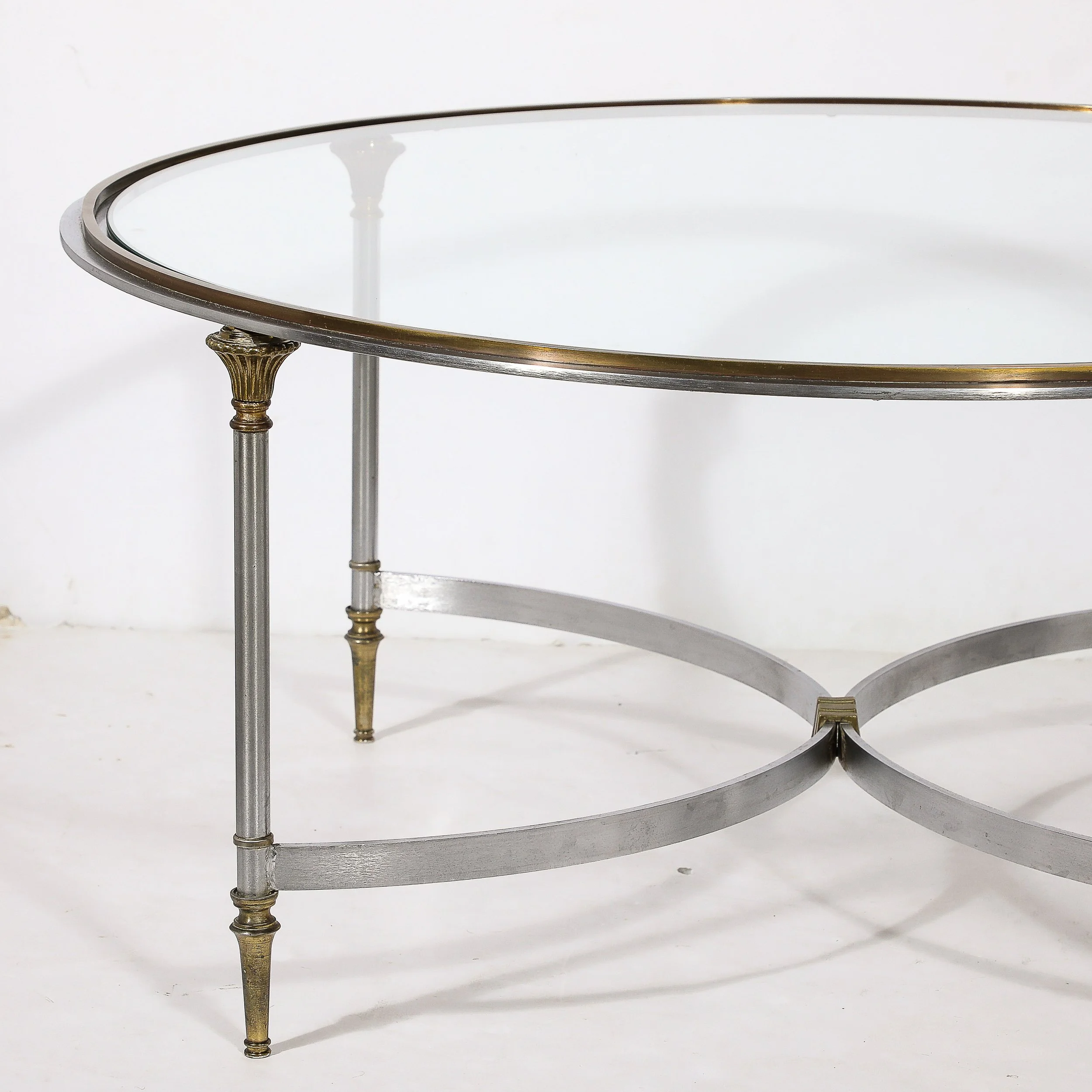 Mid-Century Round Glass, Brass & Steel Cocktail Table